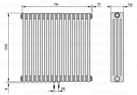Схема (чертеж) Радиатор Zehnder Charleston 4150/16 №3470 Белый глянцевый RAL 9016